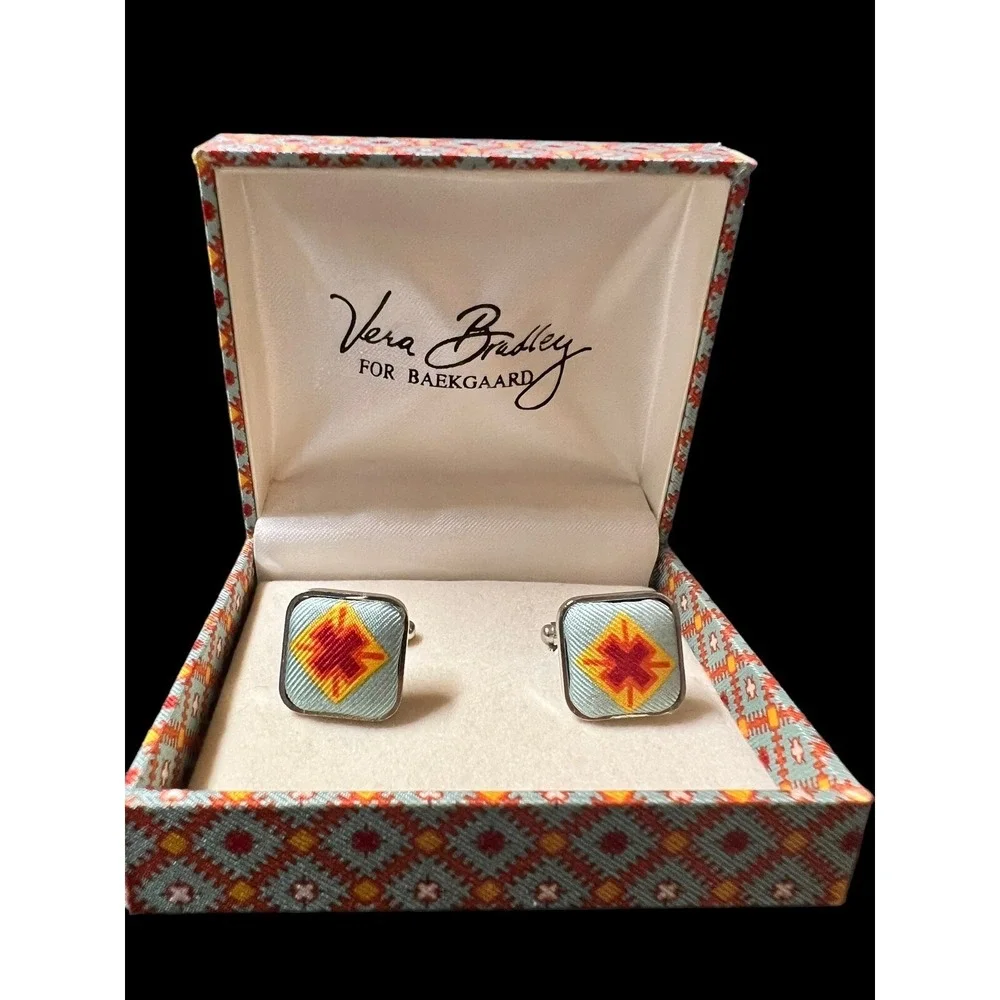 Vera Bradley for Baekgaard Cufflinks  New In Box. Blue Red Design.
